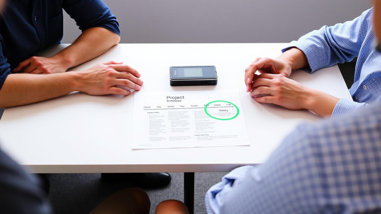 Unit hero · two people at a table with a printed timeline