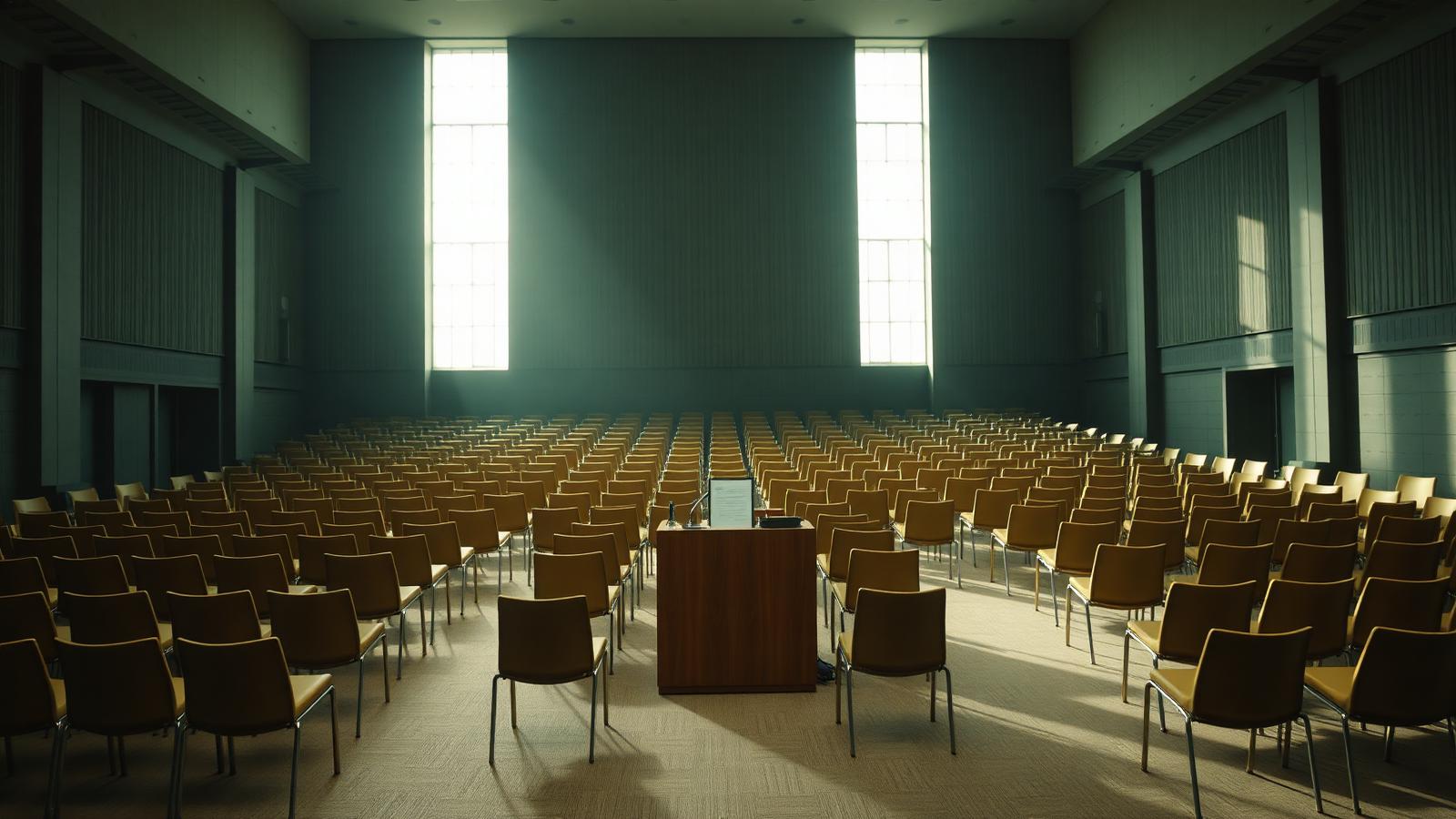 Practice hero · an empty town-hall before the all-hands