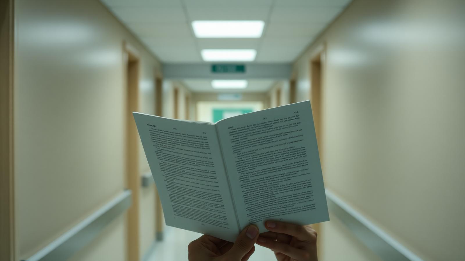 Industry hero · a clinician reading a printed page in a corridor